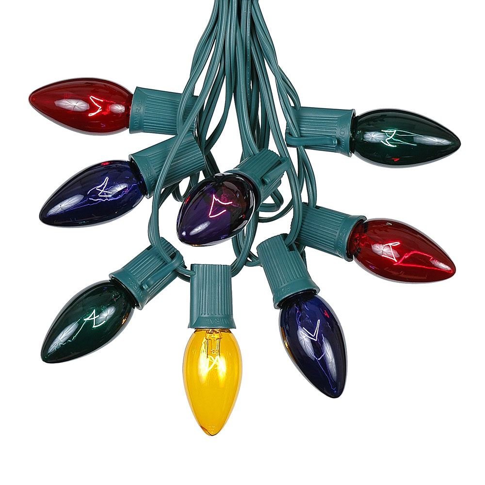 C9 Multi Christmas Light Set - Outdoor/Indoor Hanging Lights - Roofline/Patio String - Green Wire - 25 Ft