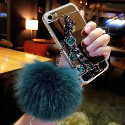 Case for Galaxy A310,Fluffy Pom-pom Ball Hairy Fur Pearl Diamond Rhinestone Hand Chain Holder Bracelet Shiny Reflective Mirror Case for Samsung Galaxy A310 A3 2016 (Star Green)