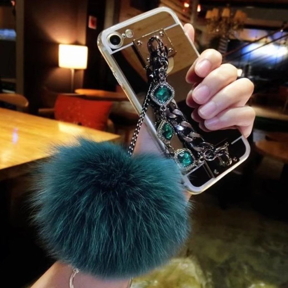 Case for Galaxy A310,Fluffy Pom-pom Ball Hairy Fur Pearl Diamond Rhinestone Hand Chain Holder Bracelet Shiny Reflective Mirror Case for Samsung Galaxy A310 A3 2016 (Star Green)