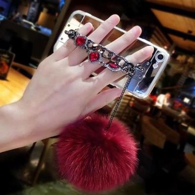 Case for Galaxy A710,Fluffy Pom-pom Ball Hairy Fur Pearl Diamond Rhinestone Hand Chain Holder Bracelet Shiny Reflective Mirror Case for Samsung Galaxy A710 A7 2016 (Star Red)