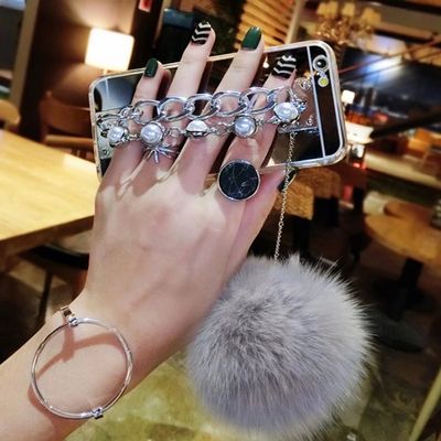 Case for Nokia 6,Fluffy Pom-pom Ball Hairy Fur Pearl Diamond Rhinestone Hand Chain Holder Bracelet Bright Reflection Mirror Case for for Nokia 6(Silver)