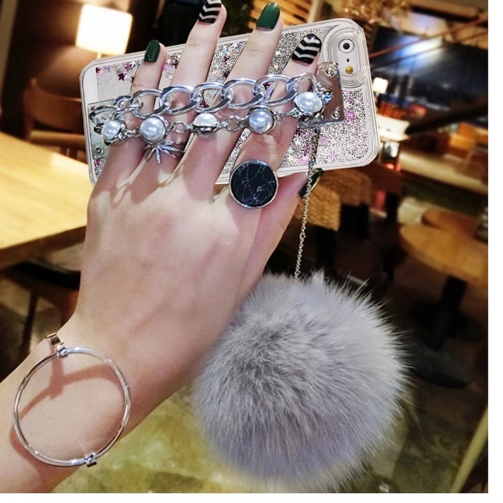 Case for LG V20,Fluffy Pom-pom Ball Hairy Fur Pearl Diamond Rhinestone Hand Chain Holder Bracelet Sparkle Stars Case for LG V20 (Star Silver)