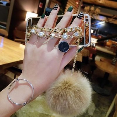 Case for Huwei P8 Lite(2017),Fluffy Pom-pom Ball Hairy Fur Pearl Diamond Rhinestone Hand Chain Holder Bracelet Bright Reflection Mirror Case for Huwei P8 Lite(2017)(Gold)