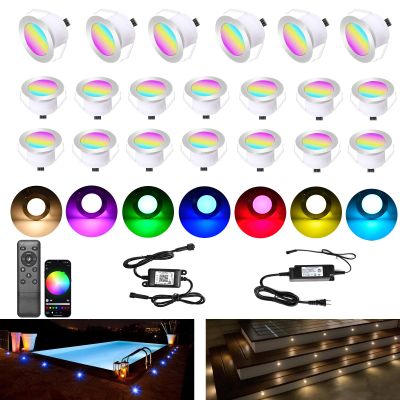 LED Deck Lights Kit, 20pcs 1.22 Smart WiFi Control Low Voltage RGBW Recessed LED Lighting, Waterproof Deck Stair Lights for Yard Garden Stair Patio Pool