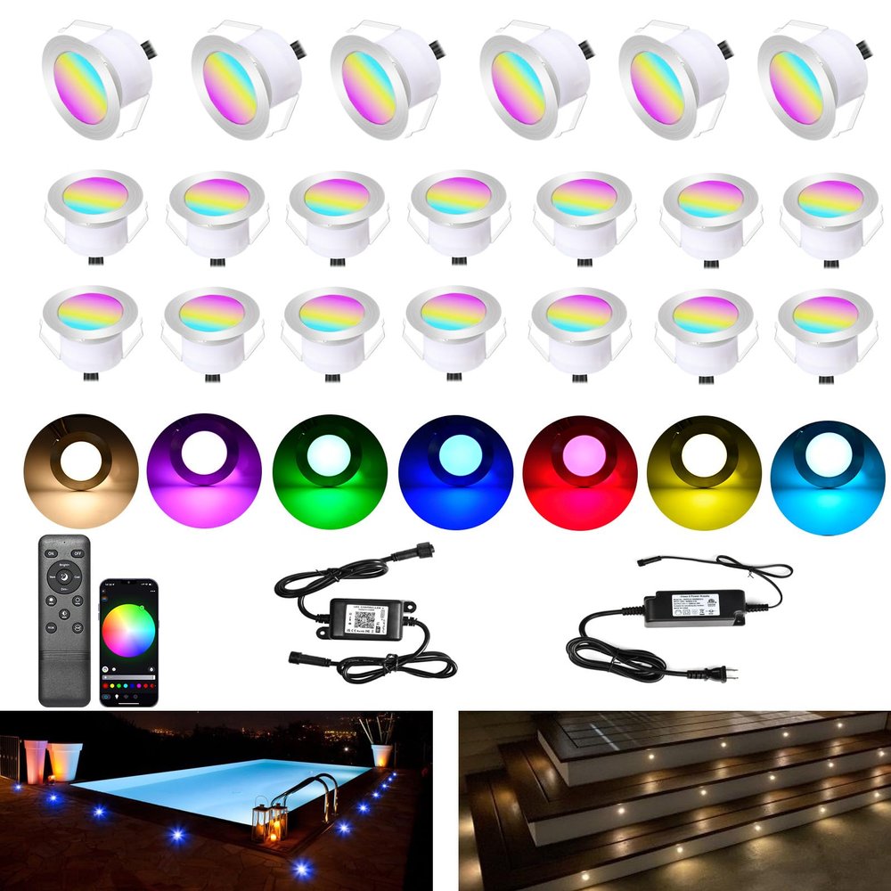 LED Deck Lights Kit, 20pcs 1.22 Smart WiFi Control Low Voltage RGBW Recessed LED Lighting, Waterproof Deck Stair Lights for Yard Garden Stair Patio Pool