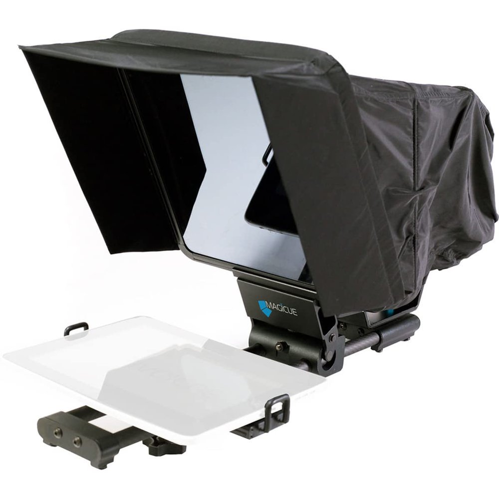 MAGICUE Mobile Teleprompter System | Carbon Fiber and Aluminum Build | Nylon Hood and Anti-Glare Visor | 13" Diagonal 60/40 Beam Splitter Glass | iPad Tablet Smartphone Compatible Up to 15"