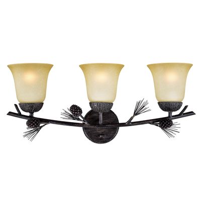 VAXCEL Sierra 3-Light 24 inch Wide Black Walnut Rustic Bathroom Vanity Lighting Fixture, Creme Cognac Glass Shade, Dimmable, LED Compatible, Pine Cone, Reversible Over the Mirror Mounted Wall Sconce