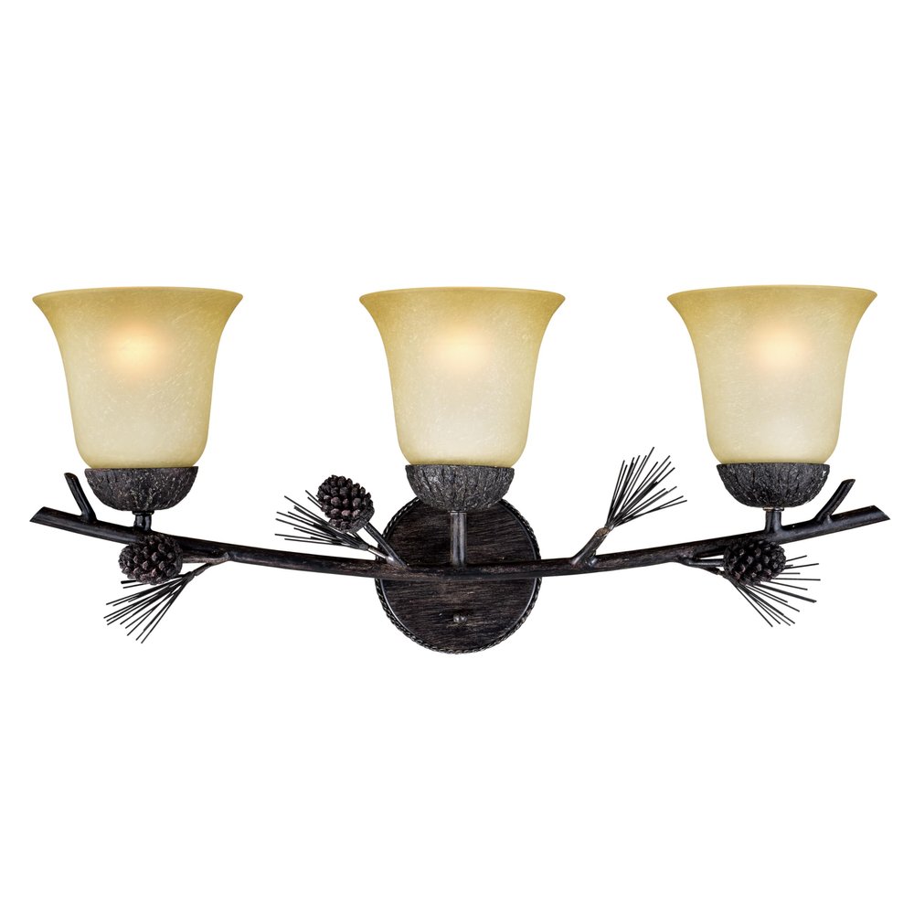 VAXCEL Sierra 3-Light 24 inch Wide Black Walnut Rustic Bathroom Vanity Lighting Fixture, Creme Cognac Glass Shade, Dimmable, LED Compatible, Pine Cone, Reversible Over the Mirror Mounted Wall Sconce