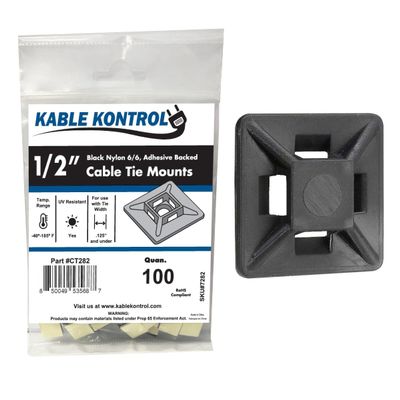 Kable Kontrol Zip Tie Mounts, 1/2 Black, 100 Pcs Adhesive Backed
