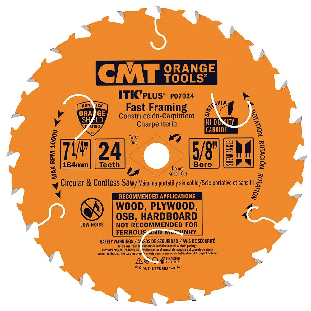 CMT P07024-X10 ITK Plus Fast Framing Saw Blade with 7-1/4 x 24 Teeth, 10-Degree ATB Shear and 5/8-Inch Bore, 10-Pack