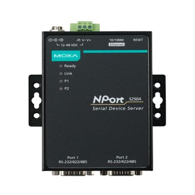 MOXA NPort 5250A - 2 Ports Device Server, 10/100M Ethernet, RS-232/422/485, DB9 Male, 15KV ESD, 0.5KV Serial Surge, 12~48VDC, 0~60C