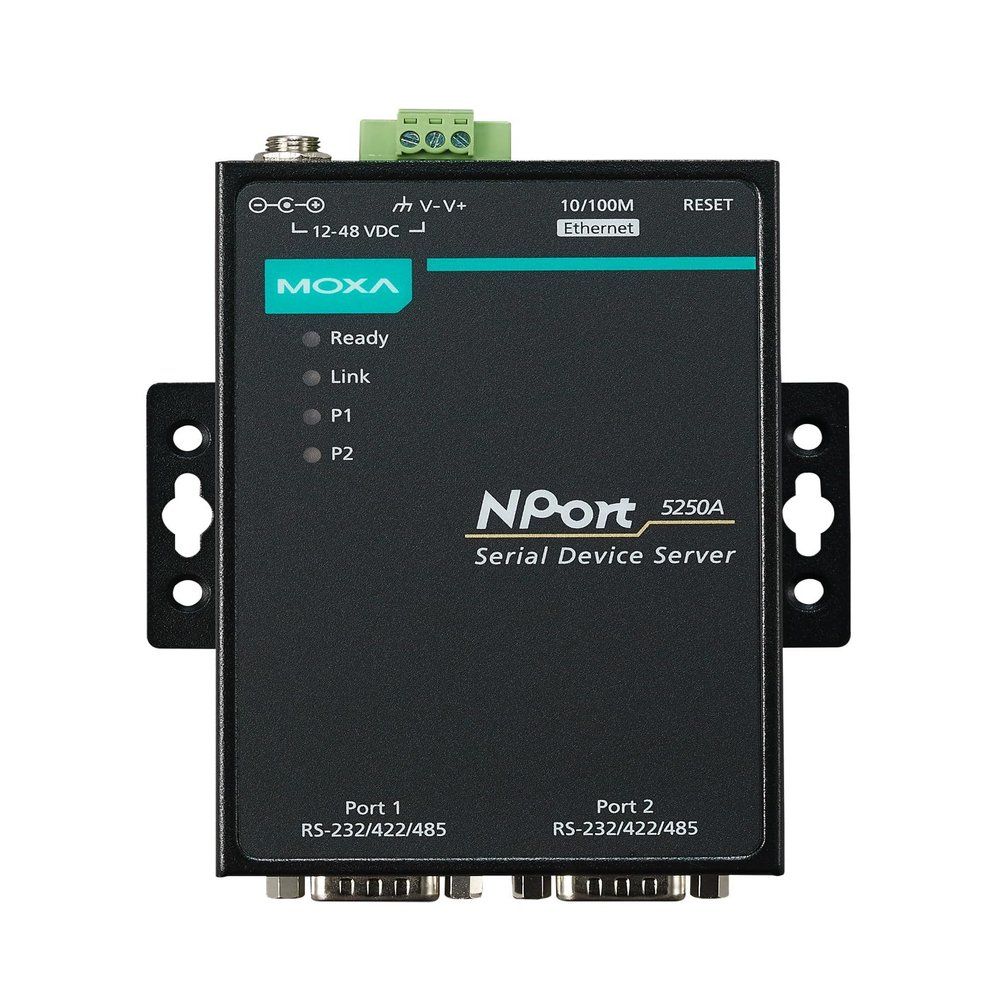 MOXA NPort 5250A - 2 Ports Device Server, 10/100M Ethernet, RS-232/422/485, DB9 Male, 15KV ESD, 0.5KV Serial Surge, 12~48VDC, 0~60C