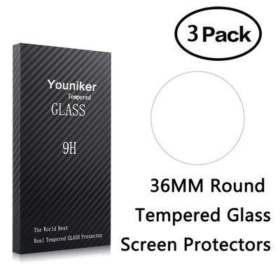Youniker 3 Pack Universal Round Watch Screen Protector Tempered Glass, 36mm Generic Watch Screen Protector Foils Glass 9H Hardness 0.3MM Slim, Anti-Scratch, Anti-Fingerprint, Bubble Free (36MM)