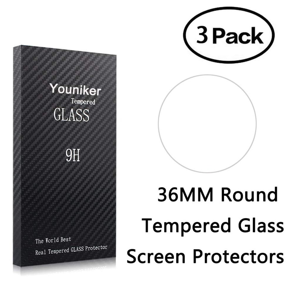 Youniker 3 Pack Universal Round Watch Screen Protector Tempered Glass, 36mm Generic Watch Screen Protector Foils Glass 9H Hardness 0.3MM Slim, Anti-Scratch, Anti-Fingerprint, Bubble Free (36MM)