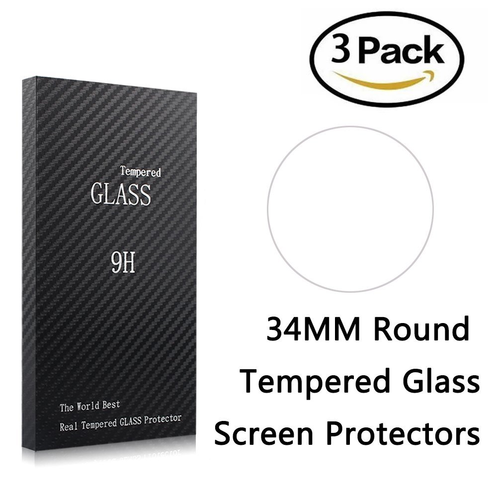 Youniker 3 Pack Universal Round Watch Screen Protector Tempered Glass, 34mm Generic Watch Screen Protector Foils Glass 9H Hardness 0.3MM Slim, Anti-Scratch, Anti-Fingerprint, Bubble Free (34MM)