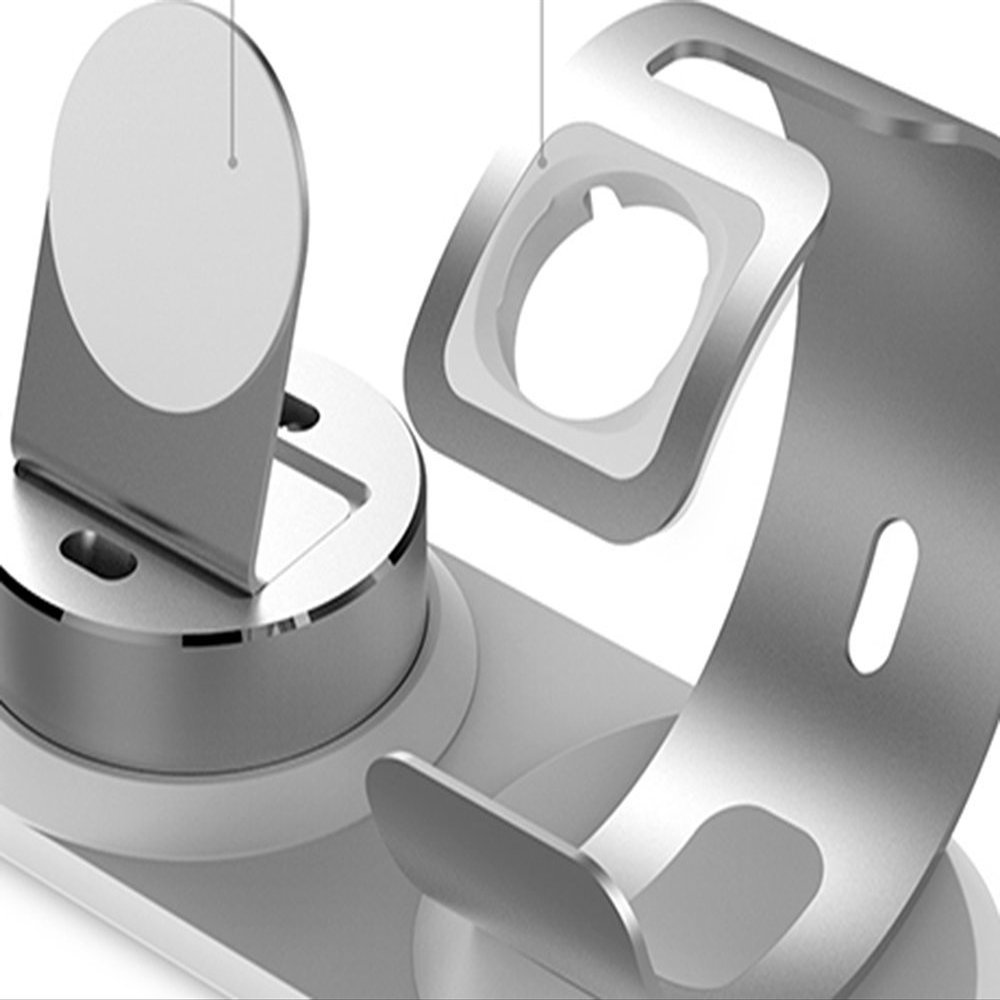 Dock 2 in 1 Charging for Apple Watch 3/2/1 Popular Aluminum Charger Stand Phone Holder Charge Station for iPhone 6,7,8 (United States/Silver/USB)