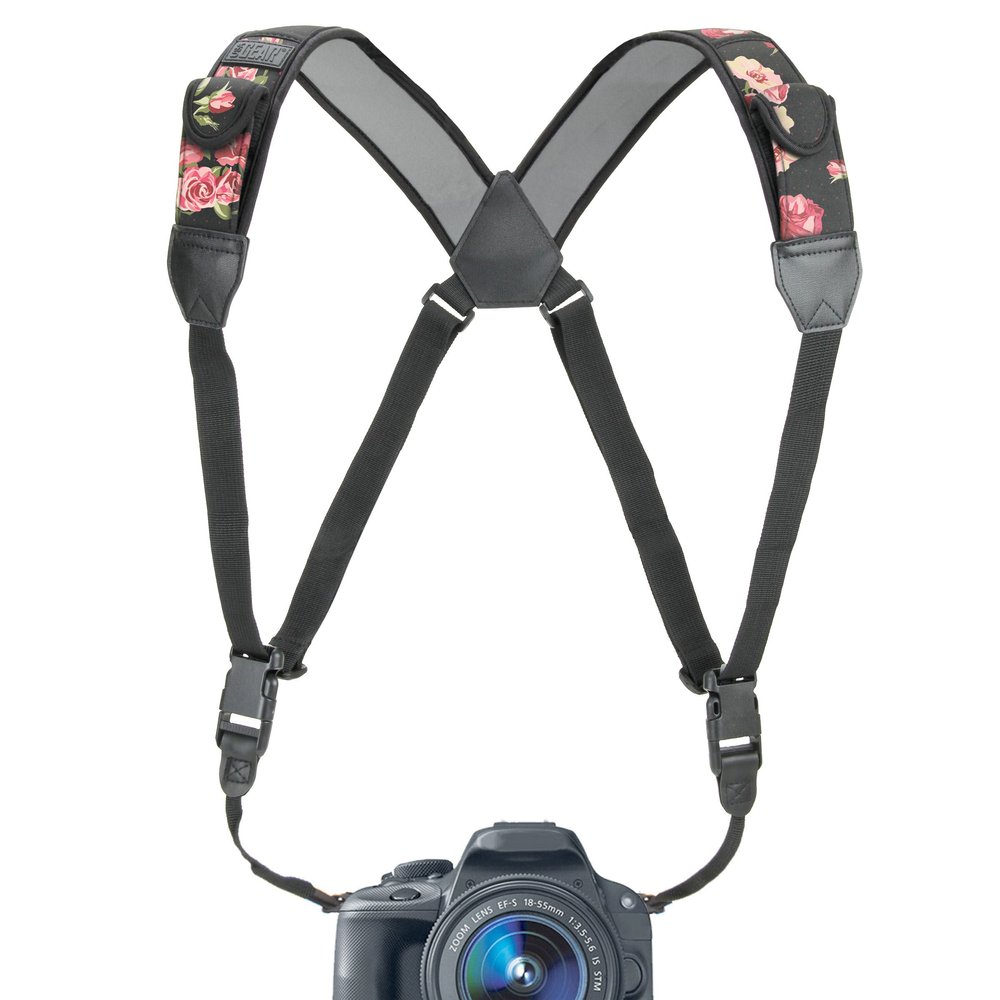 USA Gear DSLR Camera Strap Chest Harness with Quick Release Buckles, Floral Neoprene Pattern and Accessory Pockets - Compatible with Canon, Nikon, Sony and More Point and Shoot and Mirrorless Cameras