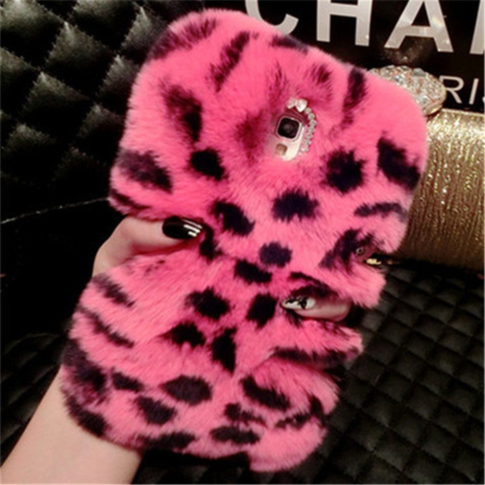 Warm Winter Rex Rabbit Fur Hair Fluffy Bling Crystal Rhinestone Pom-pom Soft Rabbit Fur Hair Plush Case for Xiaomi Redmi Note 4/ Note 4X 5.5 Inch(Rose Leopard)