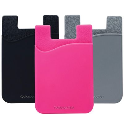 Cellessentials USA Merchant Card Holder for Back of Phone - Silicone Stick on Cell Phone Wallet for Credit Card, ID, Business Card - iPhone, Android and Most Smartphones - 3 Pack (Black,Pink,Grey)