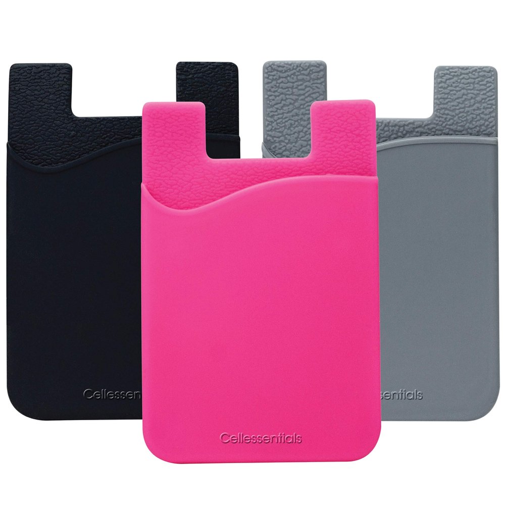 Cellessentials USA Merchant Card Holder for Back of Phone - Silicone Stick on Cell Phone Wallet for Credit Card, ID, Business Card - iPhone, Android and Most Smartphones - 3 Pack (Black,Pink,Grey)
