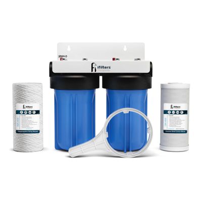 iFilters Whole House Filtration System Complete Dual Stage Sediment Chlorine Taste Odor VOC's, 1" Ports, Multicolor