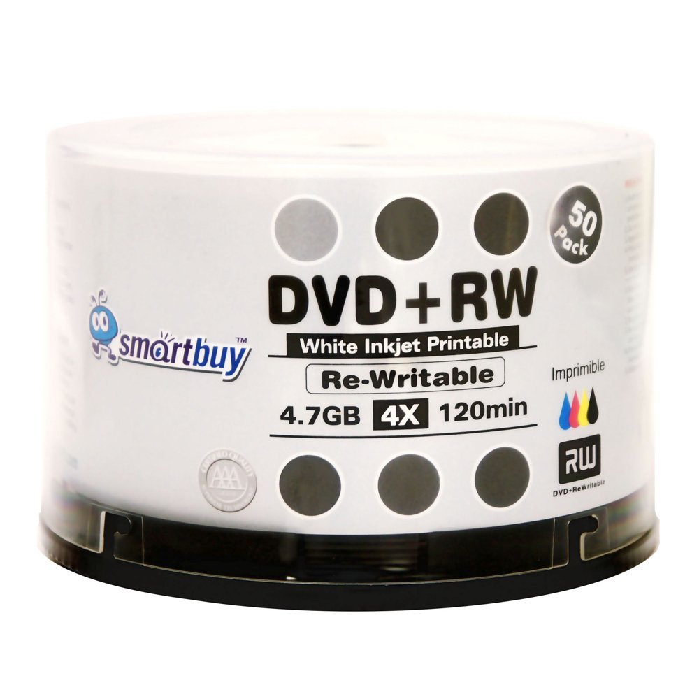 50 Smartbuy DVD+RW 4X 4.7GB White Inkjet Printable Blank Rewritable Disc