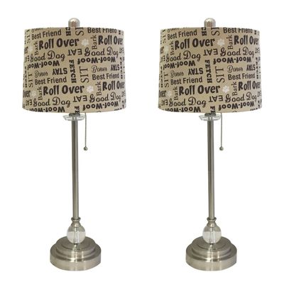 Royal Designs 28" Crystal and Brushed Nickel Lamp with Cream and Brown Dog Lover Print Drum Hardback Lamp Shade, Set of 2