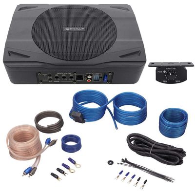 Rockville SS8P Bundle: 400-Watt 8 in Slim Under-Seat Active Powered Car/Truck Subwoofer, RWK10 10 Gauge Amp Installation Kit with ANL Fuse Holder and 100% Copper RCA Cable, 2-Items