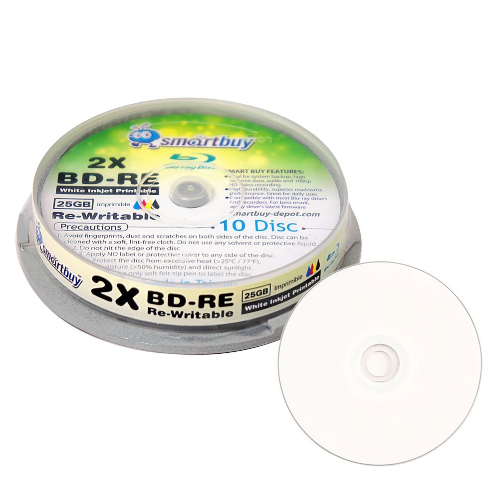 50 Pack Smartbuy 2X 25GB BD-RE Rewritable White Inkjet Hub Printable Disc