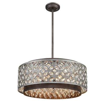 Elk Home Rosslyn 6-Light Chandelier - in Weathered Zinc Finish, with Weathered Zinc Laser Cut Metal Shade with Crystals, Traditional Style