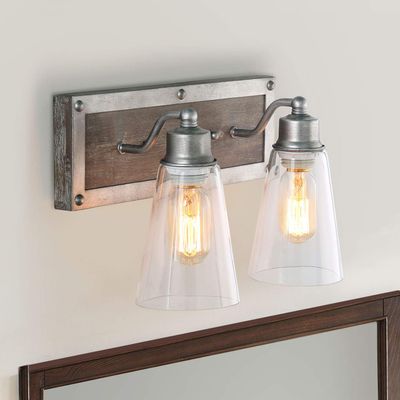 LOG BARN 2 Lights Bathroom Lighting in Real Distressed Wood and Brushed Antique Silver Finish with Cone Clear Glass Shades, 14.1" Vanity Light Fixture
