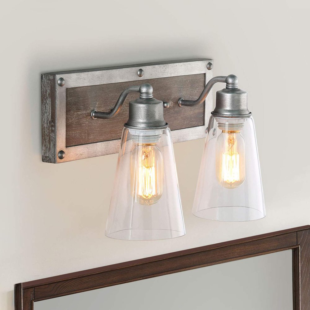 LOG BARN 2 Lights Bathroom Lighting in Real Distressed Wood and Brushed Antique Silver Finish with Cone Clear Glass Shades, 14.1" Vanity Light Fixture