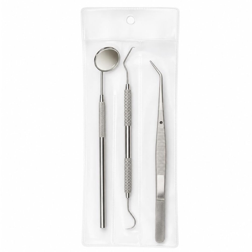 TRUVUE 3 Pc. Precision Stainless Steel Tool Set | Double-Ended Pick, Tweezers & 6.5" (16.5 cm) Inspection Mirror | Textured Grip | Vinyl Case Included