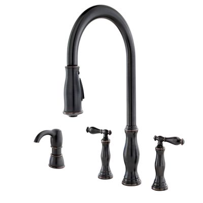Pfister Hanover Kitchen Faucet with Pull Down Sprayer and Soap Dispenser, 2-Handle, 4-Hole, High Arc, Tuscan Bronze Finish, F5314HNY