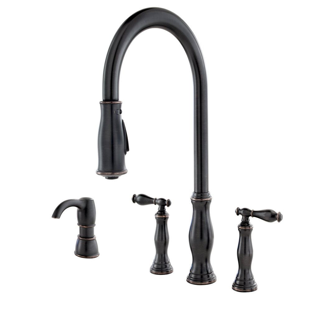 Pfister Hanover Kitchen Faucet with Pull Down Sprayer and Soap Dispenser, 2-Handle, 4-Hole, High Arc, Tuscan Bronze Finish, F5314HNY