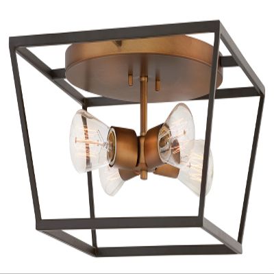 Hinkley Fulton Four Light Medium Flush Mount Light, Industrial, Ideal with Vintage Filament Bulbs, Bronze Finish with Heirloom Brass Accent