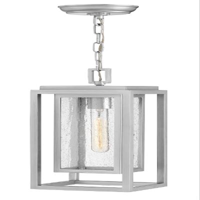 Hinkley Republic Medium Hanging Outdoor Lantern, Composite, Clear Seedy Glass Panes, Anti-Fading Finish, Satin Nickel Finish