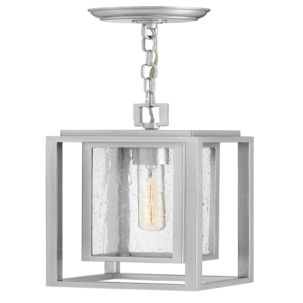 Hinkley Republic Medium Hanging Outdoor Lantern, Composite, Clear Seedy Glass Panes, Anti-Fading Finish, Satin Nickel Finish