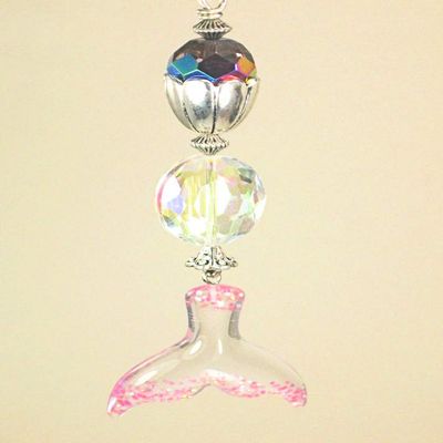 Pink Glittery Mermaid Tail and Iridescent Clear & Pink Faceted Glass Ceiling Fan Pull Chain
