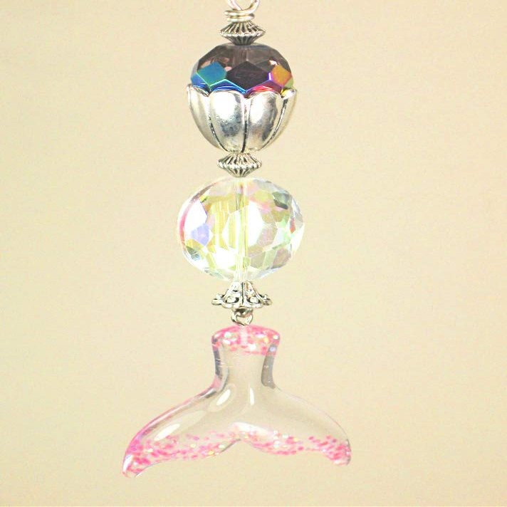 Pink Glittery Mermaid Tail and Iridescent Clear & Pink Faceted Glass Ceiling Fan Pull Chain