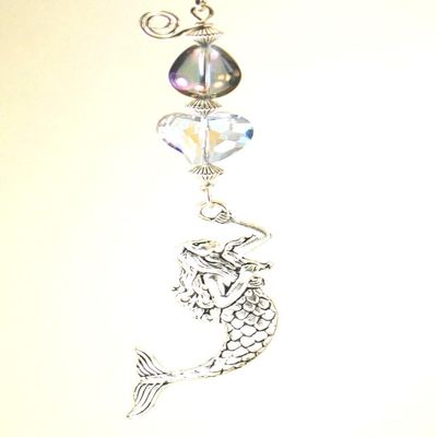 Trace Ellements Purple-Blue Iridescent Faceted Glass Heart, Water Bubble and Silvery Metal Mermaid Ceiling Fan Pull Chain
