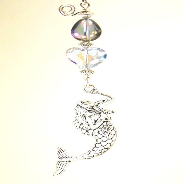 Trace Ellements Purple-Blue Iridescent Faceted Glass Heart, Water Bubble and Silvery Metal Mermaid Ceiling Fan Pull Chain