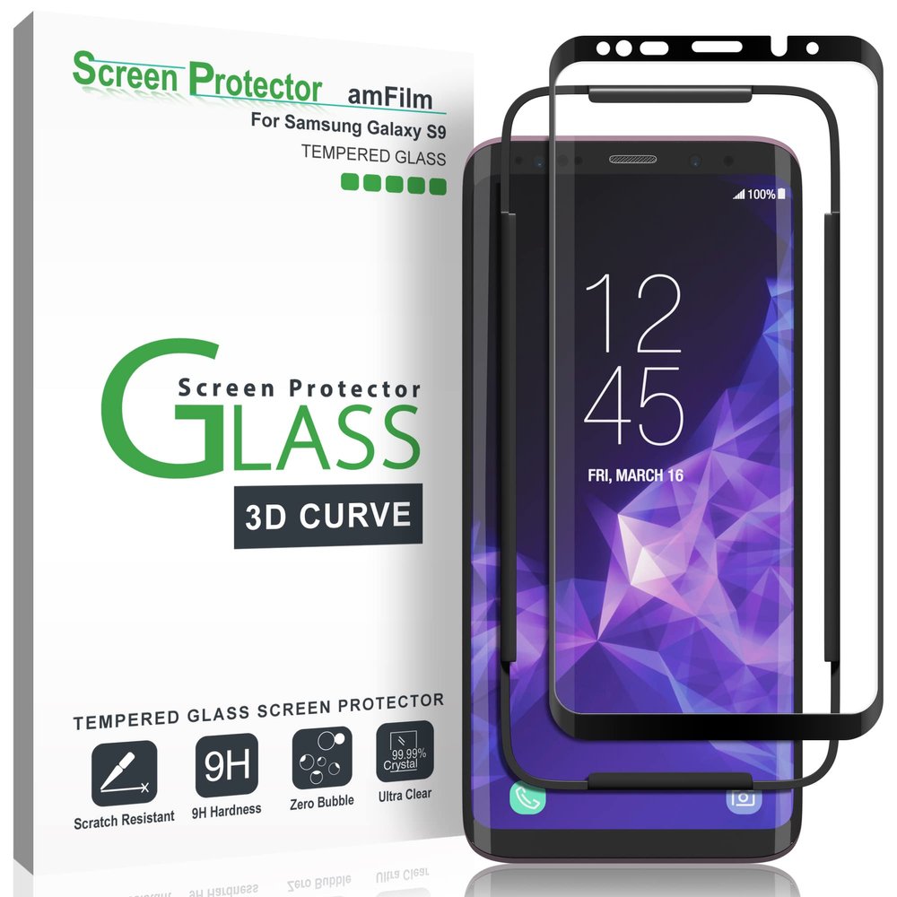 amFilm Glass Screen Protector for Samsung Galaxy S9, 3D Curved Tempered Glass, Dot Matrix with Easy Installation Tray, Case Friendly (Black), 1 Pack