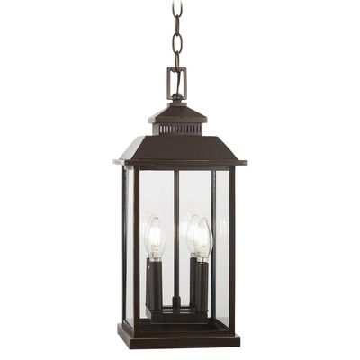 The Great Outdoors Miner's Loft Oil Rubbed Bronze Outdoor 4-Light Hanging Light with Gold Highlights 72594-143C