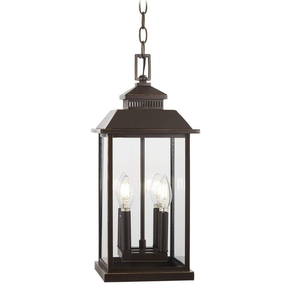 The Great Outdoors Miner's Loft Oil Rubbed Bronze Outdoor 4-Light Hanging Light with Gold Highlights 72594-143C