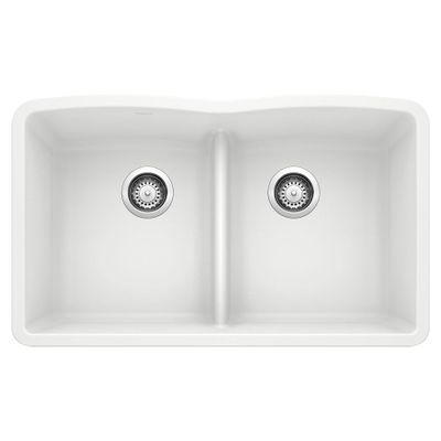 BLANCO, White 442074 DIAMOND SILGRANIT 50/50 Double Bowl Undermount Kitchen Sink with Low Divide