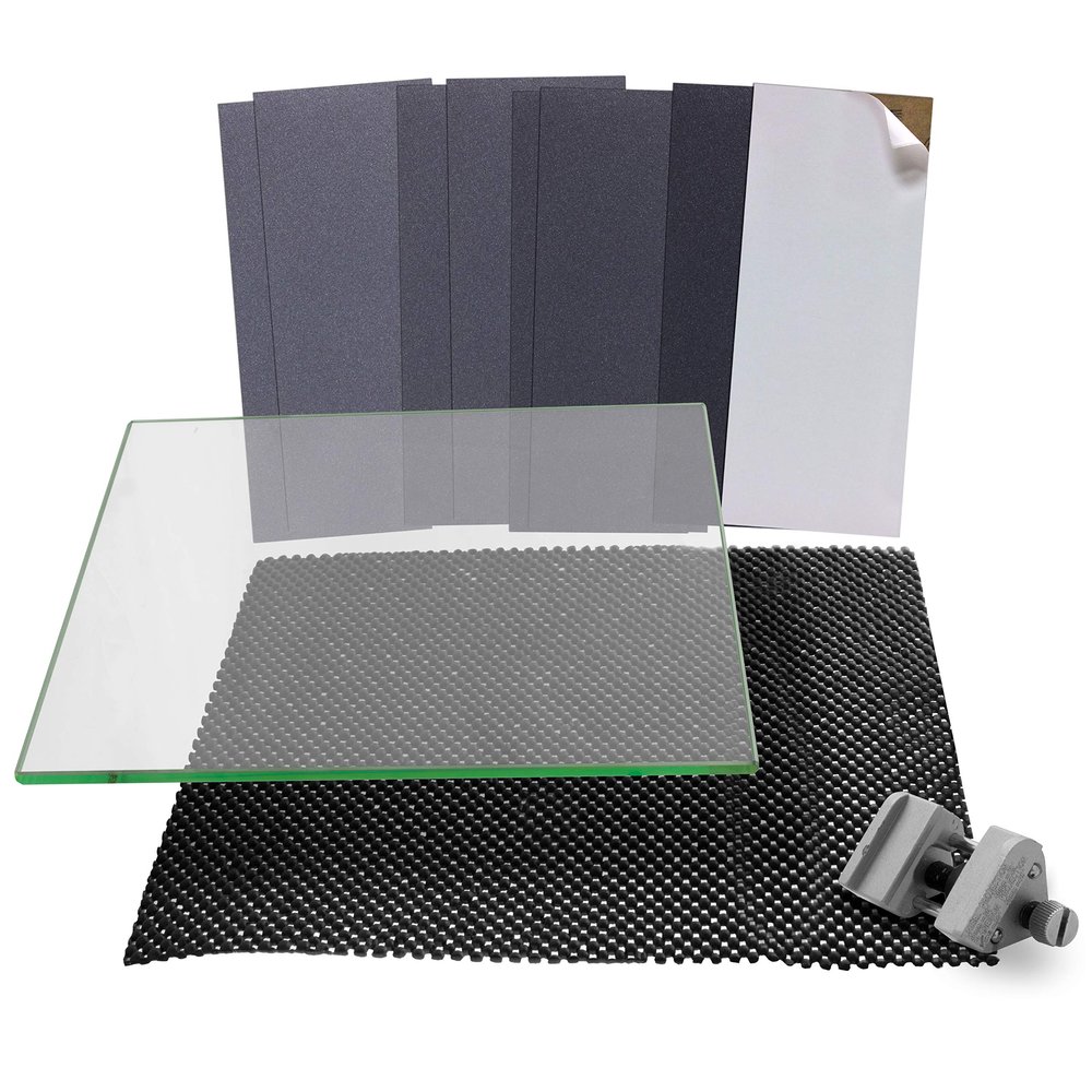 Peachtree Woodworking Supply Plate Glass Sharpening System (FINE) 9 7/8" wide x 11 13/16" long 5/16", 8 Sheets of Sticky Back (PSA) Sandpaper and One Non Slip Washable Rubber Mat