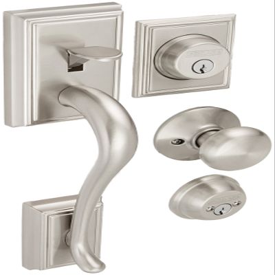 Schlage F62-ADD-PLY Double Cylinder Addison Handleset with Plymouth Interior Kno, Satin Nickel