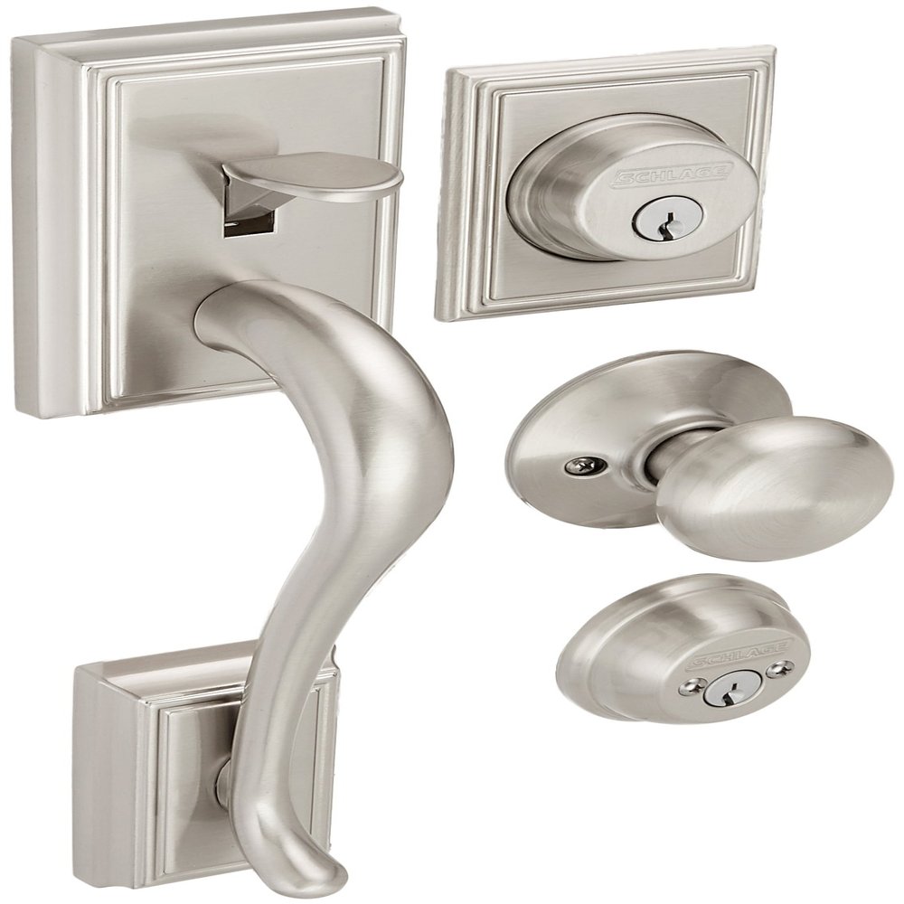 Schlage F62-ADD-PLY Double Cylinder Addison Handleset with Plymouth Interior Kno, Satin Nickel
