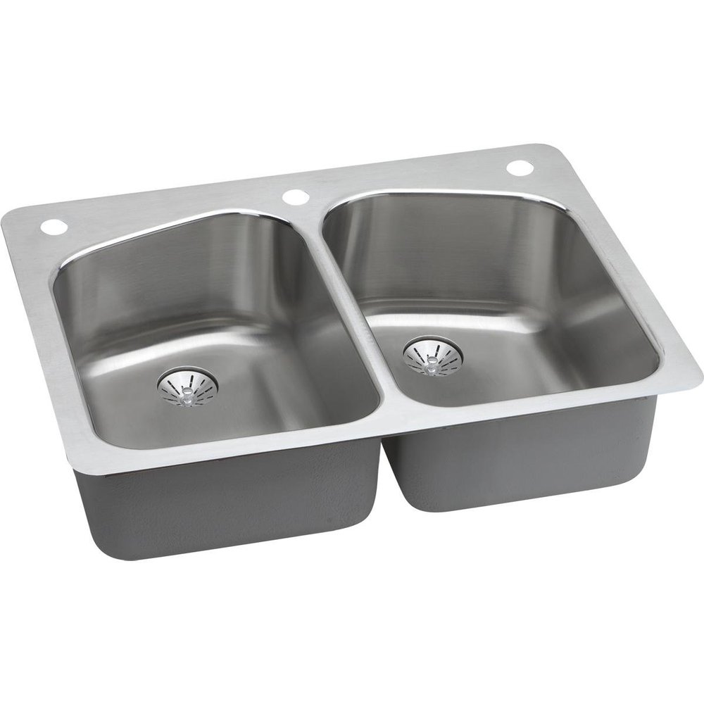 Elkay LKHSR33229PD1 Lustertone Classic Equal Double Bowl Dual Mount Stainless Steel Sink with Perfect Drain